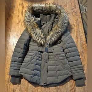 Express Olive Belted Puffer and Jacket with Faux Fur Hood, XS